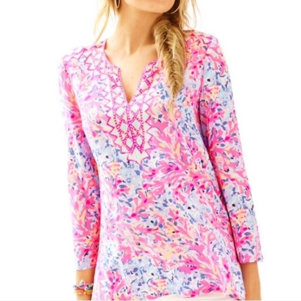LILLY PULITZER Renato Pink Purple 100% Silk Tunic In CoCo Coral Crab Dinner SZ M